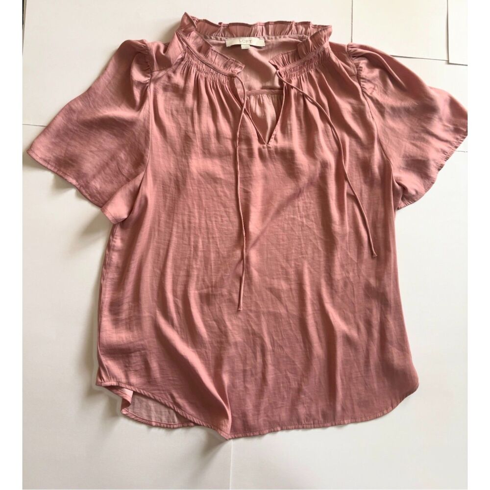 LOFT Ann Taylor Women's Pink Ruffle Tie Neck Short Sleeve Blouse Romantic Boho